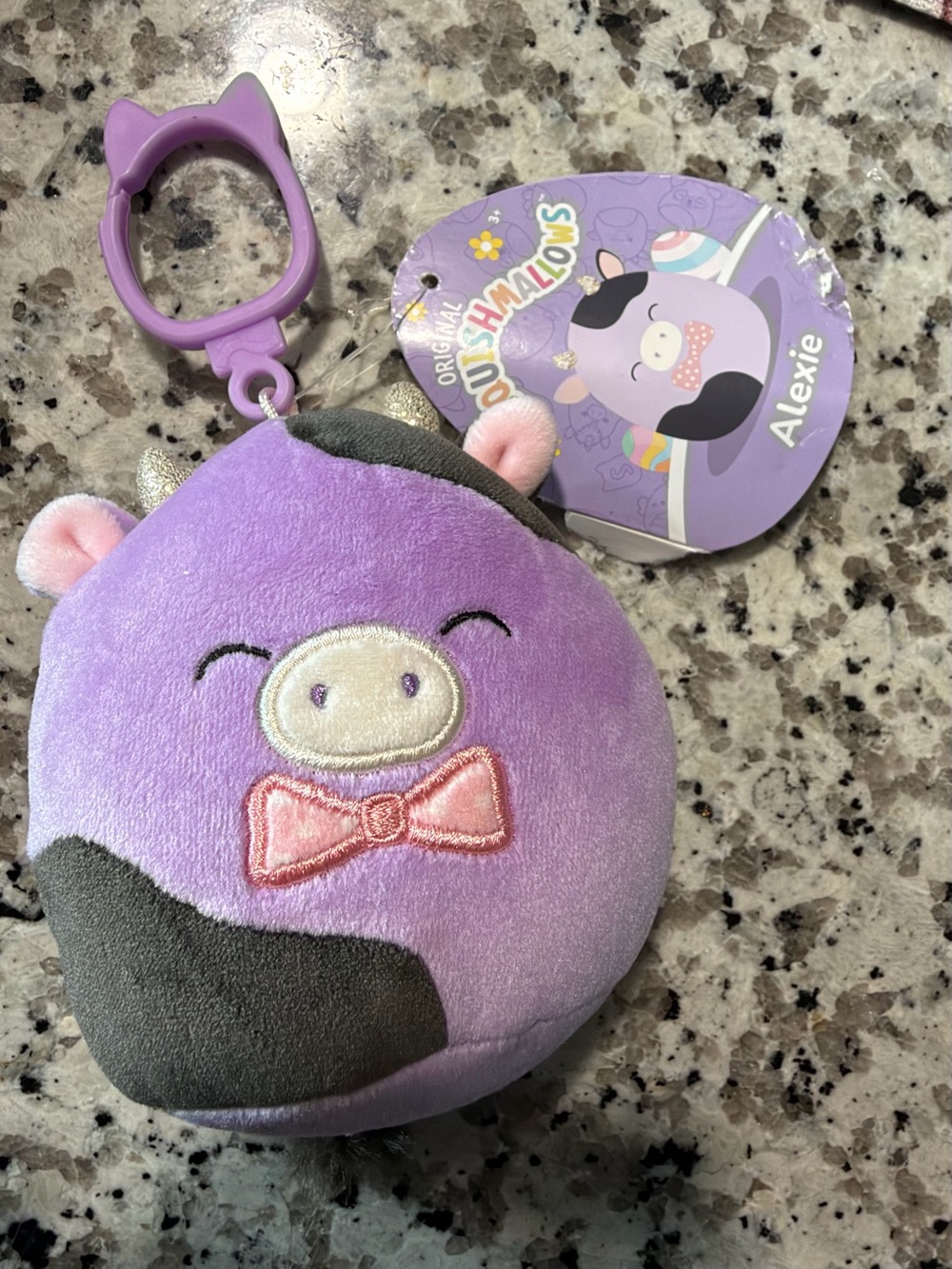 Squishmallows Alexie Purple Cow Clip-On Keychain Plush